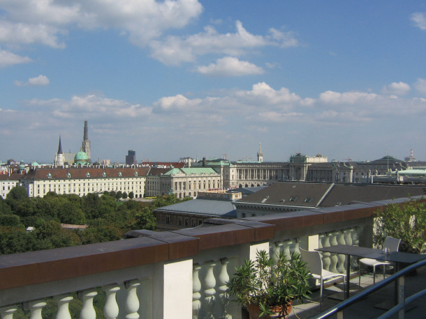 Vienna's inner city skyline with Neue Hofburg and St. Stephan's Cathedral