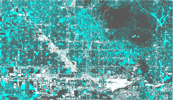 An image I derived utilizing a vegetation change detection approach to identifying the prevalence of urban irrigation. The study demonstrated urban irrigation covers over 23% of the land area in a northern section of Phoenix.