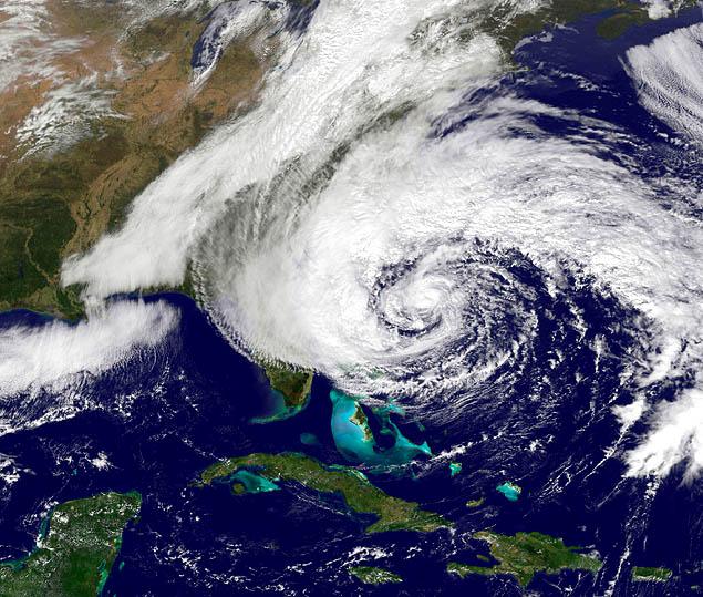 Hurricane Sandy is seen churning towards the east coast of the United States is this NOAA handout satellite image taken on October 27, 2012. Read more: http://www.nydailynews.com/news/national/sandy-tropical-storm-threatens-east-coast-article-1.1193631#ixzz2AoQ4v3az